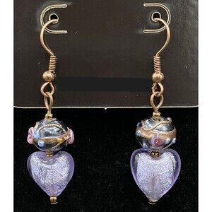Purple Glass Heart with Black & Pink Floral Glass Bead Earrings by Neanie-Bot